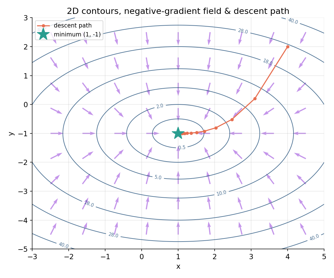 2D contour plot, negative-gradient তীরের field এবং একটি gradient-descent path যা minimum (1,-1)-এ পৌঁছায়