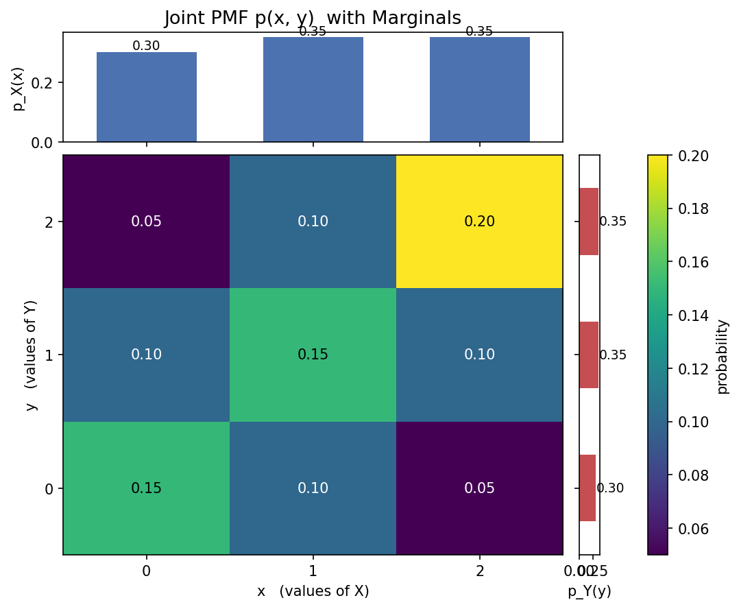 মাঝের তাপচিত্রে discrete joint PMF p(x,y), উপরে X-এর marginal ও ডানে Y-এর marginal — joint-এর প্রান্ত-যোগফল হিসেবে। কর্ণে ভারী মান ধনাত্মক covariance বোঝায়।