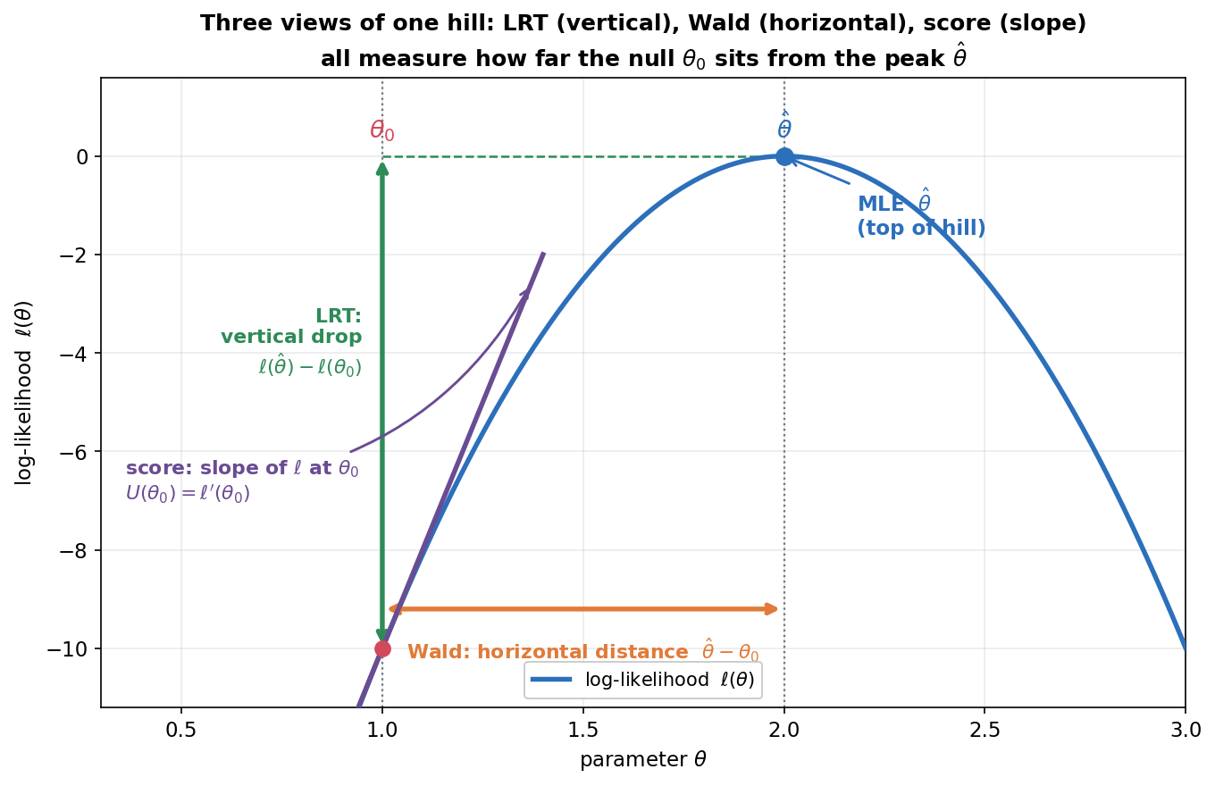 A single log-likelihood curve plotted against the parameter theta, shaped like a smooth downward-opening parabola ("a hill"), used to show the geometry of the likelihood-ratio, Wald, and score tests at once. The blue curve is the log-likelihood ell(theta); a blue dot at its summit marks the maximum-likelihood estimate theta-hat (labelled "top of hill") and a red dot lower on the curve marks the null value theta-0. Three coloured annotations mark three different distances. A green double-headed vertical arrow runs from the summit height down to the curve's height at theta-0, labelled "LRT: vertical drop, ell(theta-hat) minus ell(theta-0)". An orange double-headed horizontal arrow runs along a low horizontal level from theta-0 across to theta-hat, labelled "Wald: horizontal distance, theta-hat minus theta-0". A purple straight tangent line touches the curve at theta-0 showing its slope there, labelled "score: slope of ell at theta-0, U(theta-0) equals ell-prime(theta-0)". Dotted vertical guide lines drop from theta-0 and theta-hat to the axis. The title reads "Three views of one hill: LRT (vertical), Wald (horizontal), score (slope) - all measure how far the null theta-0 sits from the peak theta-hat". The viewer should notice that all three coloured marks gauge the same gap between theta-0 and the peak from three directions (height difference, horizontal position, and steepness of slope), that a small gap makes all three statistics small while a large gap makes all three large, and that the LRT uses the fit at both theta-hat and theta-0, the Wald uses only the peak, and the score uses only the null point.