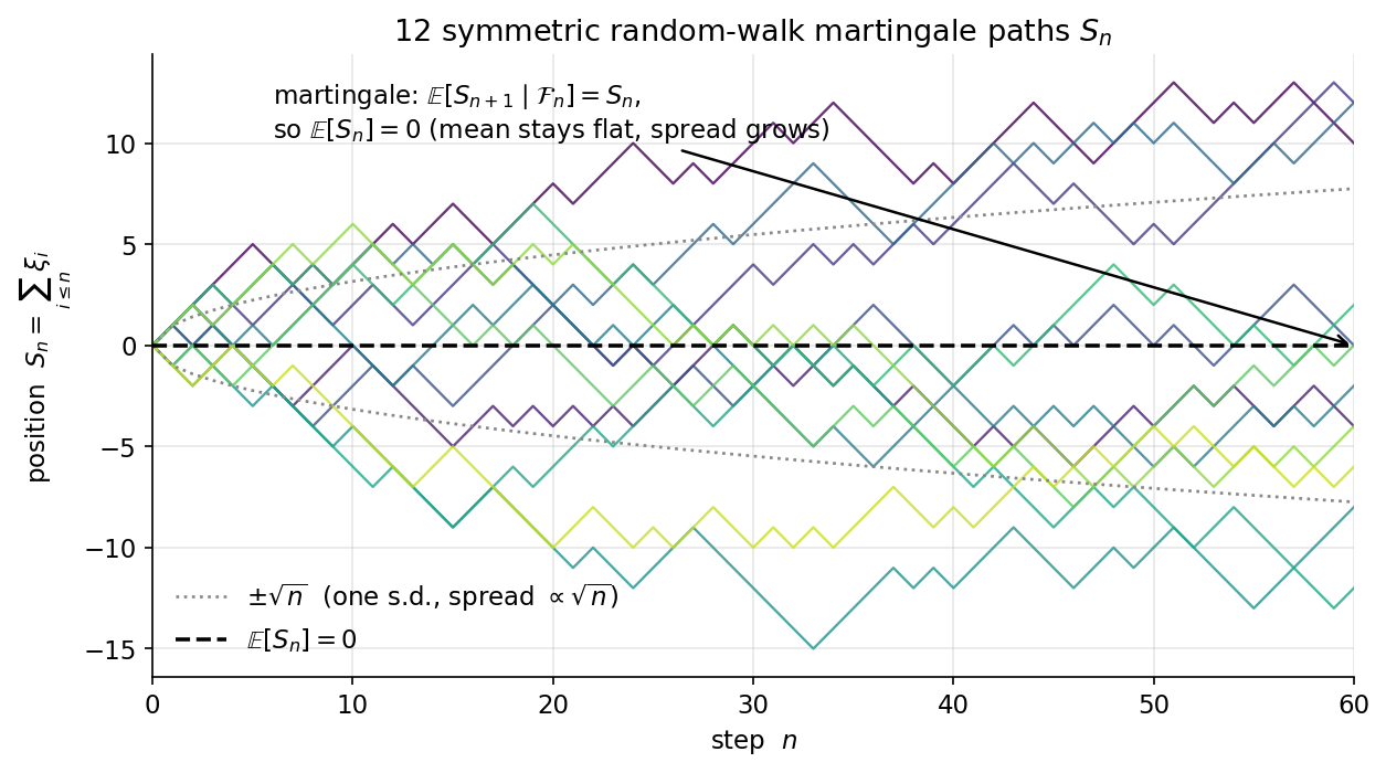 ১২টি নিরপেক্ষ random-walk martingale পথ; গড় \(\mathbb E[S_n]=0\) সমতল, ছড়ানো \(\sqrt n\) হারে বাড়ে।