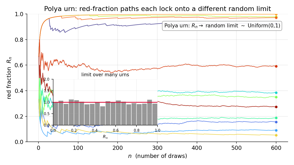 Pólya urn-এর ১২টি red-fraction path বিভিন্ন random সীমায়, inset-এ সীমার histogram প্রায় Uniform(0,1)